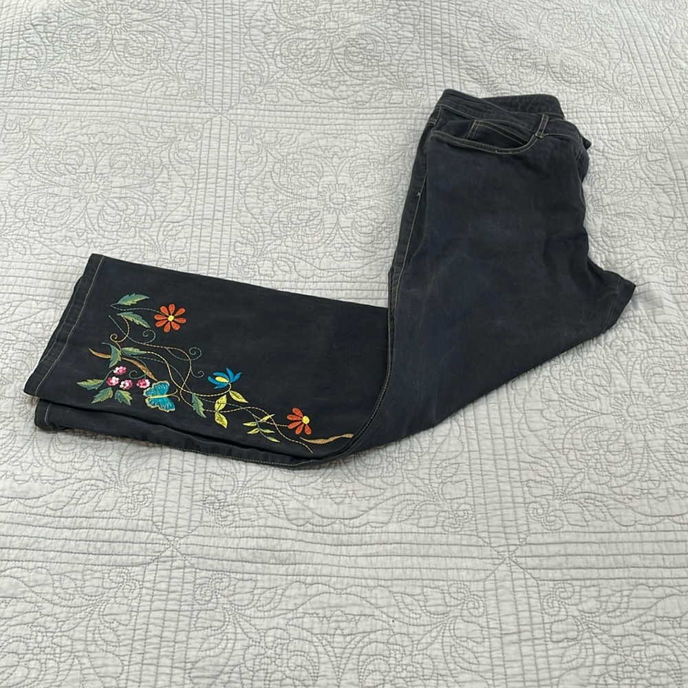 Vintage Embroidered Butterflies and Flowers Black Denim Jeans Size 14